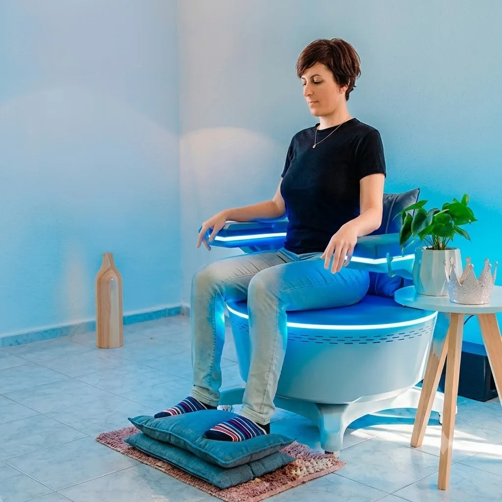 Mujer sentada en la silla pélvica biomagnética HIFEM durante una sesión de tratamiento